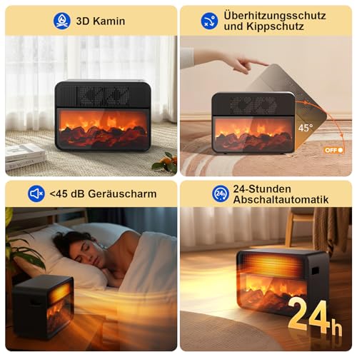 Teendow Keramik Heizlüfter, 1500W PTC Energiesparend mit 3D Flammeneffekt & 3 Stufen - Klein und Leise (unter 45dB) mit Überhitzungsschutz, Kippschutz für Schlafzimmer & Camping – Bild 5