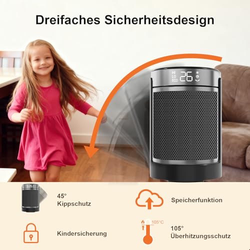 YASHE Heizlüfter Energiesparend 1500W Infrarotheizung mit Fernbedienung, Thermostat PTC-Keramik Heizung Überhitzungs-Kippschutz Kindersicherung 70° Oszillierend 24-Std-Timer, 40 dB Leise – Bild 2