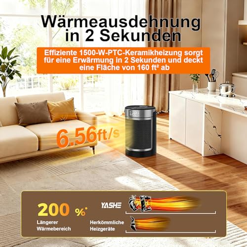 YASHE Heizlüfter Energiesparend 1500W Infrarotheizung mit Fernbedienung, Thermostat PTC-Keramik Heizung Überhitzungs-Kippschutz Kindersicherung 70° Oszillierend 24-Std-Timer, 40 dB Leise – Bild 3