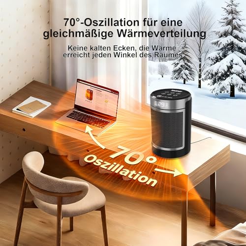 YASHE Heizlüfter Energiesparend 1500W Infrarotheizung mit Fernbedienung, Thermostat PTC-Keramik Heizung Überhitzungs-Kippschutz Kindersicherung 70° Oszillierend 24-Std-Timer, 40 dB Leise – Bild 5