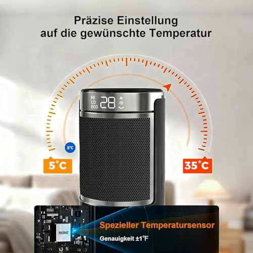 YASHE Heizlüfter Energiesparend 1500W Infrarotheizung mit Fernbedienung, Thermostat PTC-Keramik Heizung Überhitzungs-Kippschutz Kindersicherung 70° Oszillierend 24-Std-Timer, 40 dB Leise – Bild 6