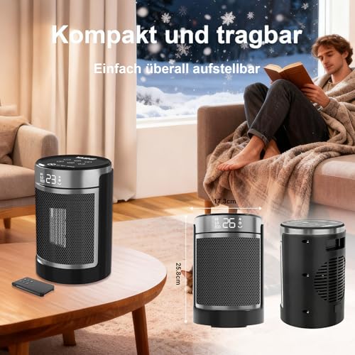 YASHE Heizlüfter Energiesparend 1500W Infrarotheizung mit Fernbedienung, Thermostat PTC-Keramik Heizung Überhitzungs-Kippschutz Kindersicherung 70° Oszillierend 24-Std-Timer, 40 dB Leise – Bild 9