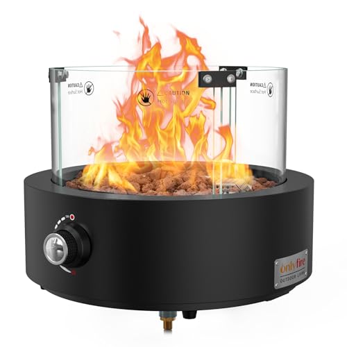 onlyfire Rund Gas Tischkamin mit Glaswindschutz, Lavastein und Unterer Lufteinlass, Tischfeuer für Camping auf der Terrasse im Freien, Tischfeuerstelle für Heizung, BBQ Grill & Ambientebeleuchtungen