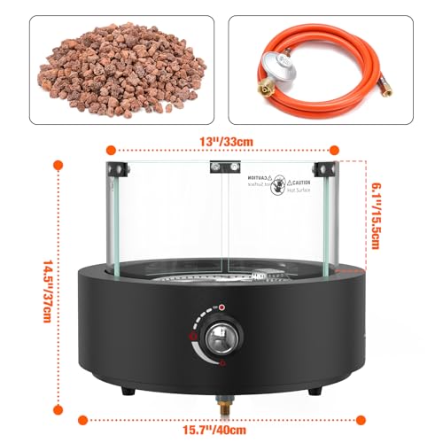 onlyfire Rund Gas Tischkamin mit Glaswindschutz, Lavastein und Unterer Lufteinlass, Tischfeuer für Camping auf der Terrasse im Freien, Tischfeuerstelle für Heizung, BBQ Grill & Ambientebeleuchtungen – Bild 2