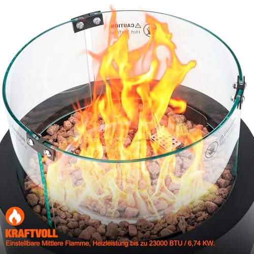 onlyfire Rund Gas Tischkamin mit Glaswindschutz, Lavastein und Unterer Lufteinlass, Tischfeuer für Camping auf der Terrasse im Freien, Tischfeuerstelle für Heizung, BBQ Grill & Ambientebeleuchtungen – Bild 3