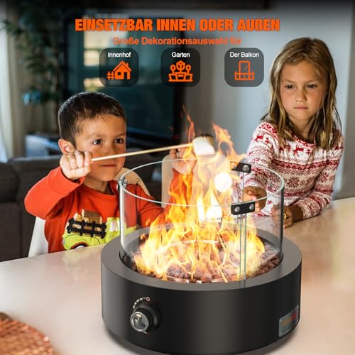 onlyfire Rund Gas Tischkamin mit Glaswindschutz, Lavastein und Unterer Lufteinlass, Tischfeuer für Camping auf der Terrasse im Freien, Tischfeuerstelle für Heizung, BBQ Grill & Ambientebeleuchtungen – Bild 5
