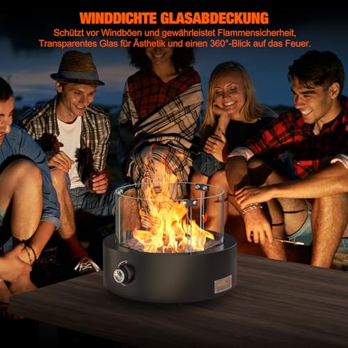 onlyfire Rund Gas Tischkamin mit Glaswindschutz, Lavastein und Unterer Lufteinlass, Tischfeuer für Camping auf der Terrasse im Freien, Tischfeuerstelle für Heizung, BBQ Grill & Ambientebeleuchtungen – Bild 6