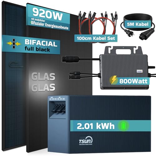 SUNNIVA® 920W Balkonkraftwerk mit 2,01 kWh Speicher TSUN TSOL-DCU2000Lite, BIFAZIAL FULLBLACK komplett Steckdose, PV Solaranlage Komplettset mit Solarspeicher,2x 460W N-Type Glas-Glas Bifacial Module – Bild 2