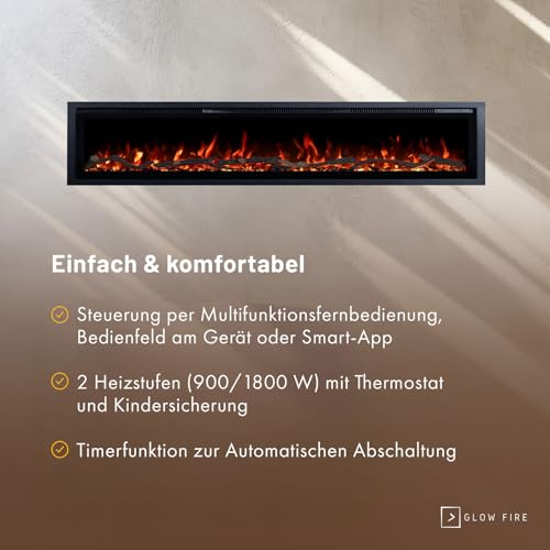 GLOW FIRE Elektrokamin Core 182 mit realistischem 3D LED-Feuer - Wand-Elektrokamin mit Heizung und Kaminfeuer, App Steuerung, Knistereffekt & Timer, max. 1800 W, 182x35x12cm – Bild 4