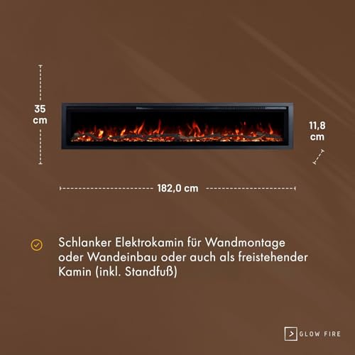 GLOW FIRE Elektrokamin Core 182 mit realistischem 3D LED-Feuer - Wand-Elektrokamin mit Heizung und Kaminfeuer, App Steuerung, Knistereffekt & Timer, max. 1800 W, 182x35x12cm – Bild 5