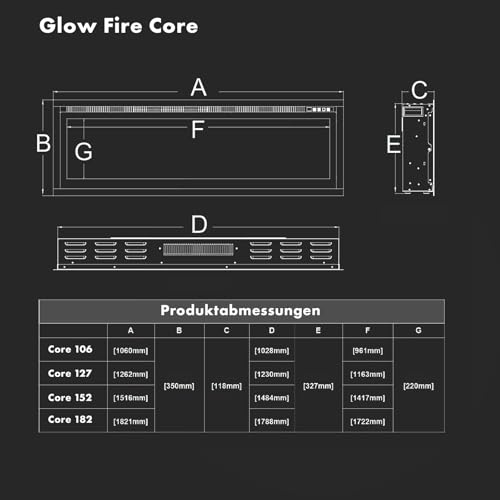 GLOW FIRE Elektrokamin Core 182 mit realistischem 3D LED-Feuer - Wand-Elektrokamin mit Heizung und Kaminfeuer, App Steuerung, Knistereffekt & Timer, max. 1800 W, 182x35x12cm – Bild 8