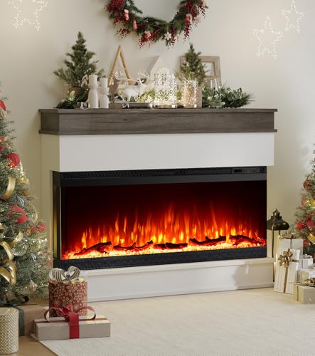 M.C.Haus 3-seitiger elektrischer Kamin-Einsatz - Minimalistischer Kamin - 12 Farb-Flammeneffekt - 1500/750 Watt Heizgerät - Fernbedienung - Holz & Kristalle (40", Weiß) – Bild 6