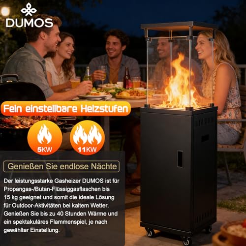 DUMOS Gasheizstrahler 5/11 kW Gas Piezozündung Heizung Gasdruckregler Cover, 360° Rollen Kippschutz, Terrassenheizstrahler Gasheizung Gasheizer Outdoor Kamin Mobiler Heizpilz, Heizer, Schwarz – Bild 3