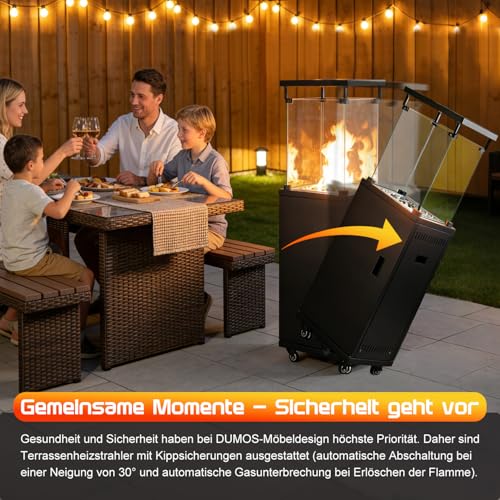 DUMOS Gasheizstrahler 5/11 kW Gas Piezozündung Heizung Gasdruckregler Cover, 360° Rollen Kippschutz, Terrassenheizstrahler Gasheizung Gasheizer Outdoor Kamin Mobiler Heizpilz, Heizer, Schwarz – Bild 4