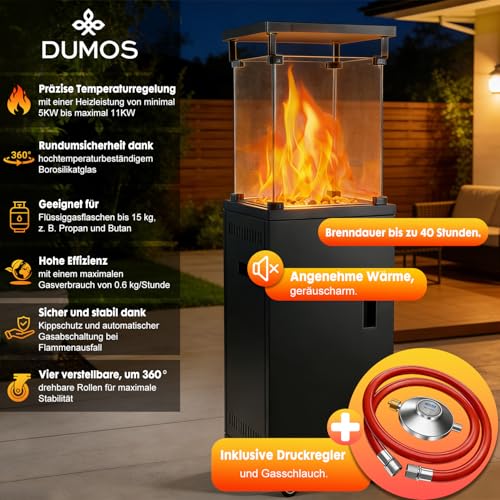DUMOS Gasheizstrahler 5/11 kW Gas Piezozündung Heizung Gasdruckregler Cover, 360° Rollen Kippschutz, Terrassenheizstrahler Gasheizung Gasheizer Outdoor Kamin Mobiler Heizpilz, Heizer, Schwarz – Bild 6