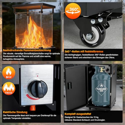 DUMOS Gasheizstrahler 5/11 kW Gas Piezozündung Heizung Gasdruckregler Cover, 360° Rollen Kippschutz, Terrassenheizstrahler Gasheizung Gasheizer Outdoor Kamin Mobiler Heizpilz, Heizer, Schwarz – Bild 7