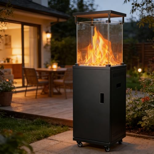 DUMOS Gasheizstrahler 5/11 kW Gas Piezozündung Heizung Gasdruckregler Cover, 360° Rollen Kippschutz, Terrassenheizstrahler Gasheizung Gasheizer Outdoor Kamin Mobiler Heizpilz, Heizer, Schwarz – Bild 8