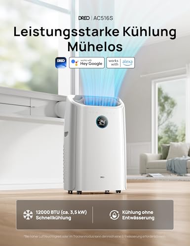 Dreo Tragbare Klimaanlagen, 12.000 BTU Klimaanlage für Schlafzimmer mit abflussfreier Kühlung, APP/Stimme/Fernbedienung, 24h Timer mit Ventilator & Luftentfeuchter, AC516S – Bild 2