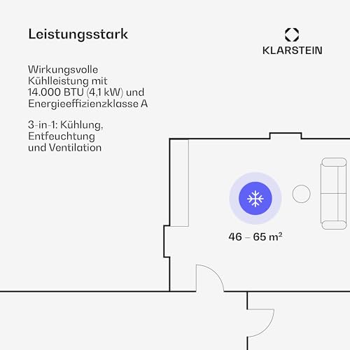 Klarstein Mobile Klimaanlage mit Abluftschlauch, 4-in-1 Klimagerät, Ventilator, Luftentfeuchter & Nachtmodus, Kleine & Portable Klimaanlage für Wohnung & Büro, Niedriger Verbrauch, 14000BTU – Bild 3
