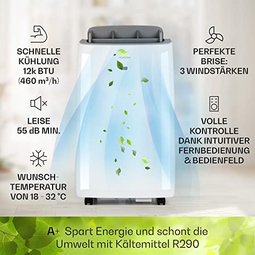 Klarstein Mobile Klimaanlage, 4-in-1 Mobiles Klimagerät, Entfeuchter, Ventilator & Nachtmodus, Klimaanlage für Räume bis 59 m², Mobile Klimaanlage mit Abluftschlauch, 12.000 BTU, 460 m³/h, Weiß – Bild 3
