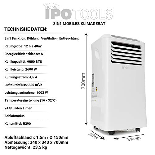 IPOTOOLS Lokales mobiles Klimagerät mit Abluftschlauch / 3in1 mobile Klimaanlage/Kühlen Ventilieren Entfeuchten (9000 BTU) – Bild 2