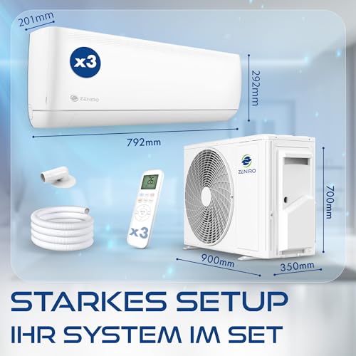 ZENIRO Multi Split Klimaanlage 3 Innengeräte Set (3 x 2,6kW) Klimagerät Air Conditioner mit Heizfunktion 21000 BTU 6,2kW A WiFi/App-Steuerung 4D AirFlow Heizen bis -20°C Vorgefüllt R32 – Bild 9