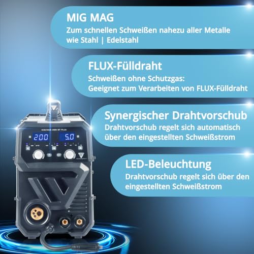 STAHLWERK Schweißgerät MIG/MAG 200 ST – IGBT Inverter mit 200 A, Schutzgasgerät mit synergischem Drahtvorschub, FLUX/Fülldraht geeignet, Lift-TIG und MMA/E-Hand (ARC) funktionsfähig – Bild 3