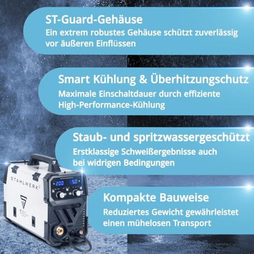 STAHLWERK Schweißgerät MIG/MAG 200 ST – IGBT Inverter mit 200 A, Schutzgasgerät mit synergischem Drahtvorschub, FLUX/Fülldraht geeignet, Lift-TIG und MMA/E-Hand (ARC) funktionsfähig – Bild 4