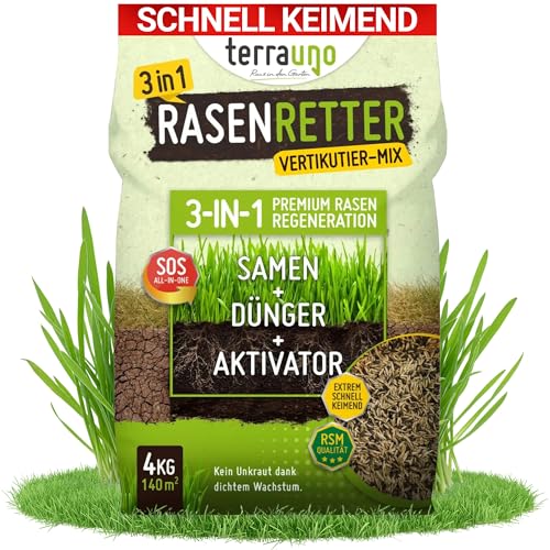 Terrauno - "Rasenretter" Vertikutiermix I 4 kg für 140 m² I Rasendünger, Rasensamen & Bodenaktivator I 3in1 Rasenreparaturmischung I Rasendünger Frühjahr mit Grassamen gegen kahle Stellen I Nachsaat