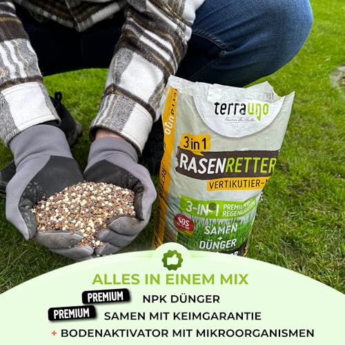 Terrauno - "Rasenretter" Vertikutiermix I 4 kg für 140 m² I Rasendünger, Rasensamen & Bodenaktivator I 3in1 Rasenreparaturmischung I Rasendünger Frühjahr mit Grassamen gegen kahle Stellen I Nachsaat – Bild 4