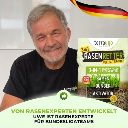 Terrauno - "Rasenretter" Vertikutiermix I 4 kg für 140 m² I Rasendünger, Rasensamen & Bodenaktivator I 3in1 Rasenreparaturmischung I Rasendünger Frühjahr mit Grassamen gegen kahle Stellen I Nachsaat – Bild 7