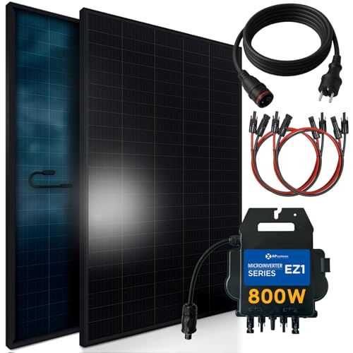 SUNNIVA® 920W Balkonkraftwerk BIFAZIAL FULLBLACK komplett Steckdose AP Systems EZ1-M 800 Watt Wechselrichter, PV Solaranlage Komplettset,2x460W Glas-Glas Bifacial Solarmodule, 5m Kabel,4x1m Solarkabel