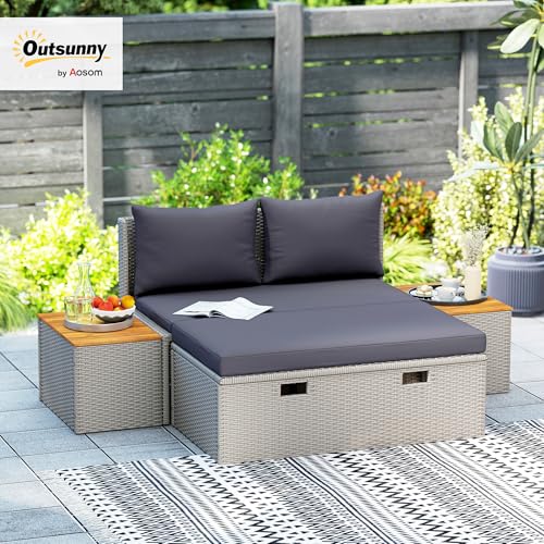 Outsunny Polyrattan Sonnenliege für 2 Personen Doppelliege mit Fußhocker Stauraum Schirmloch wetterfest Gartenliege 320kg Belastbar Gartenmöbel Liegestuhl Relaxliege für Garten 125x114x72,5 cm Grau – Bild 2