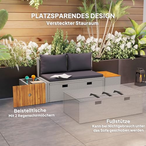 Outsunny Polyrattan Sonnenliege für 2 Personen Doppelliege mit Fußhocker Stauraum Schirmloch wetterfest Gartenliege 320kg Belastbar Gartenmöbel Liegestuhl Relaxliege für Garten 125x114x72,5 cm Grau – Bild 3