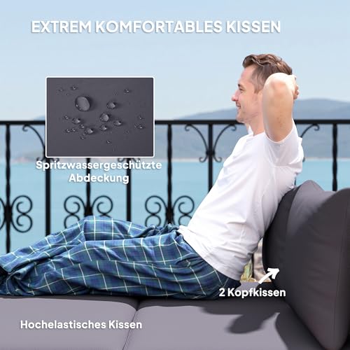 Outsunny Polyrattan Sonnenliege für 2 Personen Doppelliege mit Fußhocker Stauraum Schirmloch wetterfest Gartenliege 320kg Belastbar Gartenmöbel Liegestuhl Relaxliege für Garten 125x114x72,5 cm Grau – Bild 4
