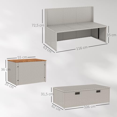 Outsunny Polyrattan Sonnenliege für 2 Personen Doppelliege mit Fußhocker Stauraum Schirmloch wetterfest Gartenliege 320kg Belastbar Gartenmöbel Liegestuhl Relaxliege für Garten 125x114x72,5 cm Grau – Bild 7