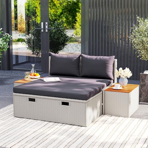 Outsunny Polyrattan Sonnenliege für 2 Personen Doppelliege mit Fußhocker Stauraum Schirmloch wetterfest Gartenliege 320kg Belastbar Gartenmöbel Liegestuhl Relaxliege für Garten 125x114x72,5 cm Grau – Bild 9