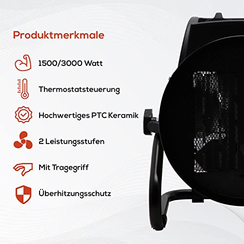 Tronitechnik® 3000W Elektroheizer Heizlüfter Bauheizer Keramik Heizstrahler elektrisch Heizgerät mit Thermostat Elektroheizer mit 3 Heizstufen, Heizgebläse für Innen- und Außen – Bild 2