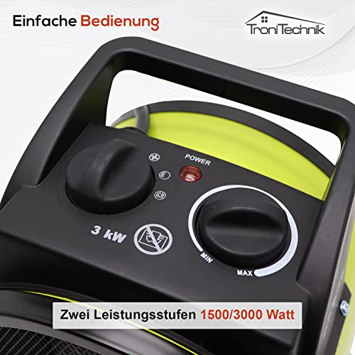 Tronitechnik® 3000W Elektroheizer Heizlüfter Bauheizer Keramik Heizstrahler elektrisch Heizgerät mit Thermostat Elektroheizer mit 3 Heizstufen, Heizgebläse für Innen- und Außen – Bild 6