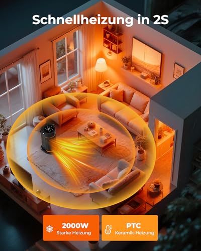 HiLUNDA 2000W Energiesparend Heizlüfter Leiser – PTC Keramik Schnell Heizstrahler mit Fernbedienung, Timer, 70°-Schwenkfunktion, LED-Anzeige für den Einsatz im Büro, Schlafzimmer, Bad, Zuhause – Bild 2