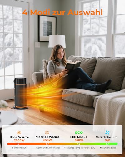 HiLUNDA 2000W Energiesparend Heizlüfter Leiser – PTC Keramik Schnell Heizstrahler mit Fernbedienung, Timer, 70°-Schwenkfunktion, LED-Anzeige für den Einsatz im Büro, Schlafzimmer, Bad, Zuhause – Bild 3