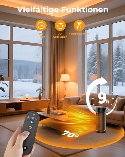 HiLUNDA 2000W Energiesparend Heizlüfter Leiser – PTC Keramik Schnell Heizstrahler mit Fernbedienung, Timer, 70°-Schwenkfunktion, LED-Anzeige für den Einsatz im Büro, Schlafzimmer, Bad, Zuhause – Bild 6