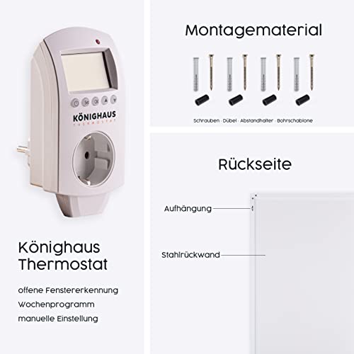 Könighaus Infrarot Wandheizung - 1200 Watt inkl. Thermostat - Infrarotheizung mit TÜV SÜD & 5 Jahren Garantie - Doppelter Überhitzungsschutz - Heizt Räume von bis zu 29 m² - Sofort einsatzbereit – Bild 5