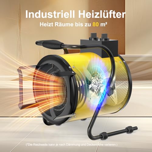 DAHTEC Industrie Heizgerät 9kw Heizlüfter Große Räume mit Thermostat & 3 Heizstufen Bauheizer Bautrockner Heizgebläse mit Tragbarer Griff für Garage, Baustelle – Bild 2