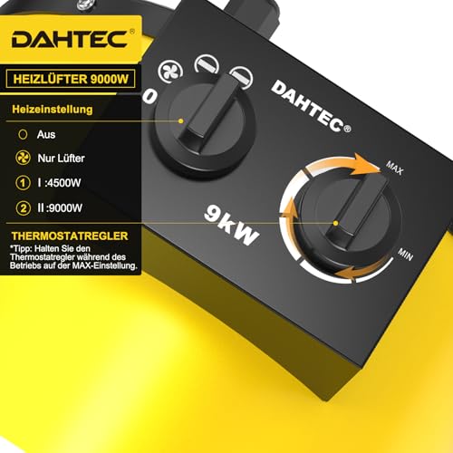DAHTEC Industrie Heizgerät 9kw Heizlüfter Große Räume mit Thermostat & 3 Heizstufen Bauheizer Bautrockner Heizgebläse mit Tragbarer Griff für Garage, Baustelle – Bild 4