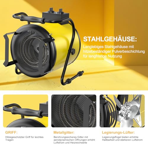 DAHTEC Industrie Heizgerät 9kw Heizlüfter Große Räume mit Thermostat & 3 Heizstufen Bauheizer Bautrockner Heizgebläse mit Tragbarer Griff für Garage, Baustelle – Bild 5