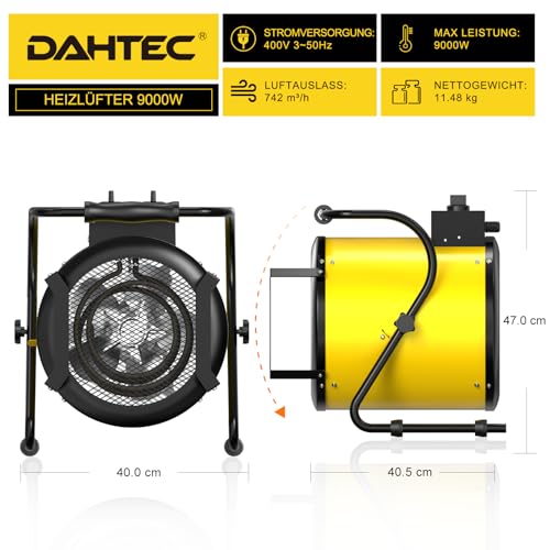 DAHTEC Industrie Heizgerät 9kw Heizlüfter Große Räume mit Thermostat & 3 Heizstufen Bauheizer Bautrockner Heizgebläse mit Tragbarer Griff für Garage, Baustelle – Bild 6