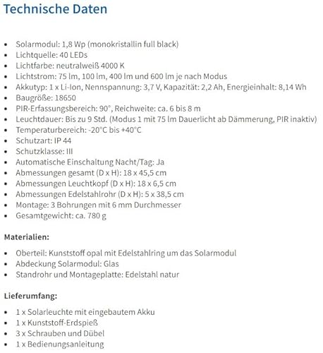 Esotec Solar PIR Standleuchte Tini 45, Edelstahl Gehäuse, Li-Ion Akku, Bewegungsmelder, LED Solarleuchte, Außenleuchte, Gartendeko, Wegeleuchte, silber, H=45,5cm, außen, winterfest, outdoor, 102596 – Bild 10
