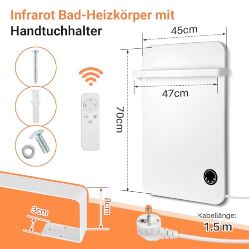 400W Infrarotheizung Wandmontage Infrarot Thermostat auf App/Wifi Touch Elektroheizung mit Fernbedienung und 1 Handtuchhalter, Infrarot-Heizung, Handtuchheizung, Weiß – Bild 3