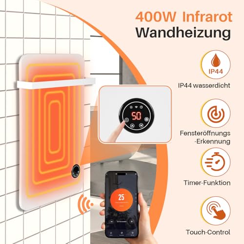 400W Infrarotheizung Wandmontage Infrarot Thermostat auf App/Wifi Touch Elektroheizung mit Fernbedienung und 1 Handtuchhalter, Infrarot-Heizung, Handtuchheizung, Weiß – Bild 6